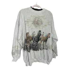 Vtg 90s Style Retro Herd Of Horses Equestrian Crewneck Sweatshirt Men's XL